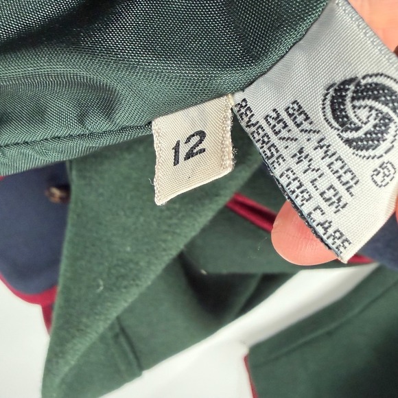 Herman Kay Bib Zipper Pea Coat Jacket Women Size 12 Green Navy Hooded Wool Blend - Picture 9 of 11